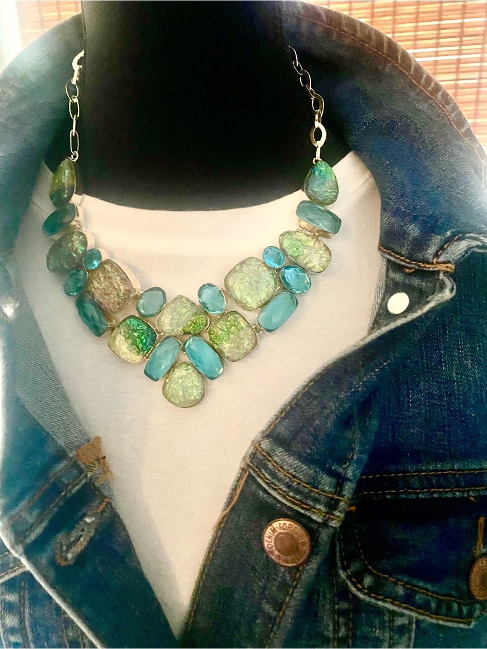 Statement Teal & Green Glass Bib Necklace - Women Jewelry